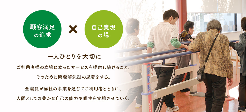 一人ひとりを大切に ご利用者様の立場に立ったサービスを提供し続けること。そのために問題解決型の思考をする。全職員が当社の事業を通じてご利用者とともに、人間としての豊かな自己の能力や個性を実現させていく。